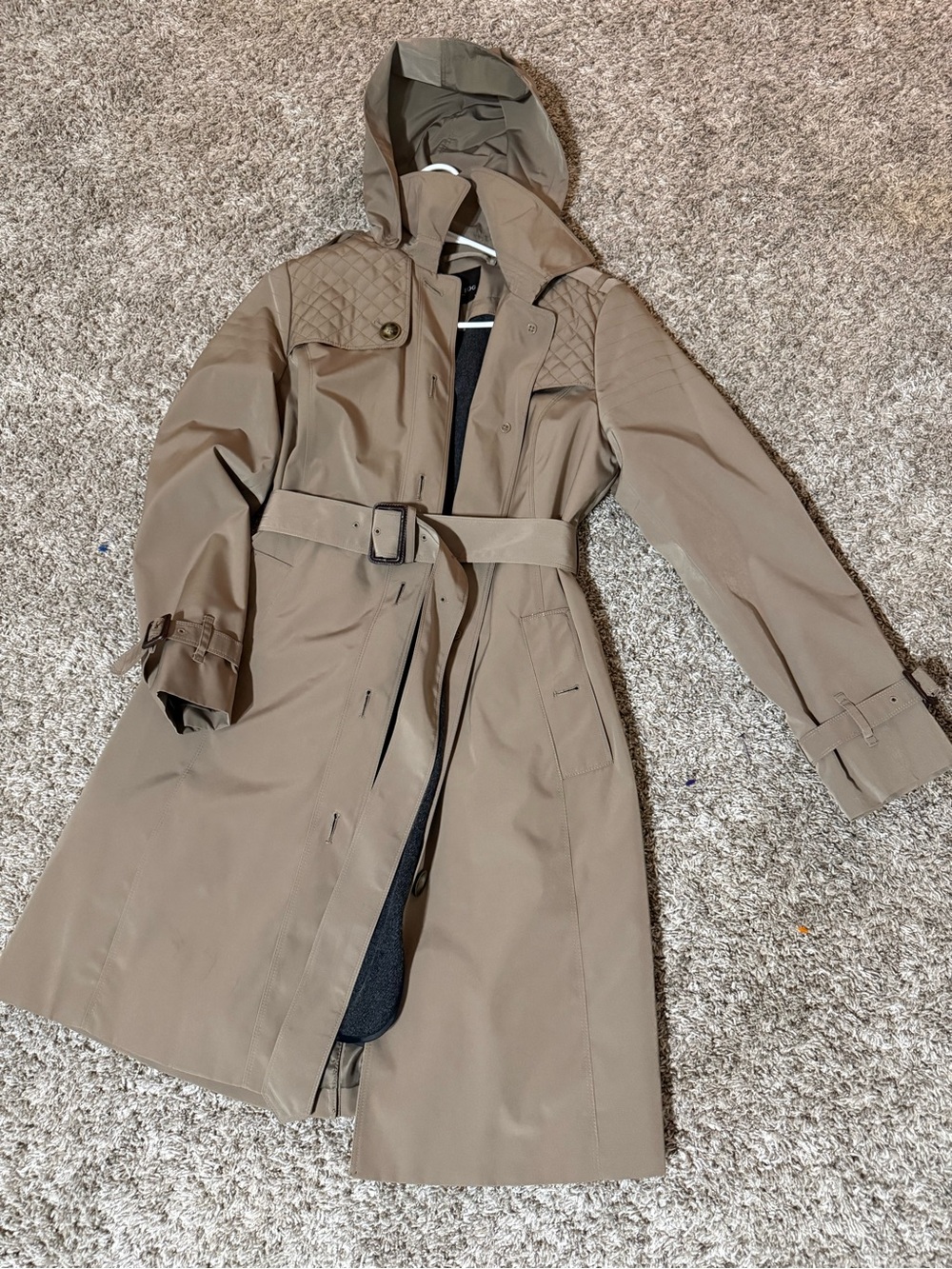 London Fog Hooded Trench Coat in Taupe with Belt